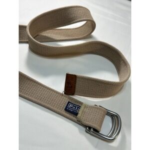 Polo Ralph Lauren D Ring Tan Canvas Belt with Silver tone Buckle 46 Inch Preppy